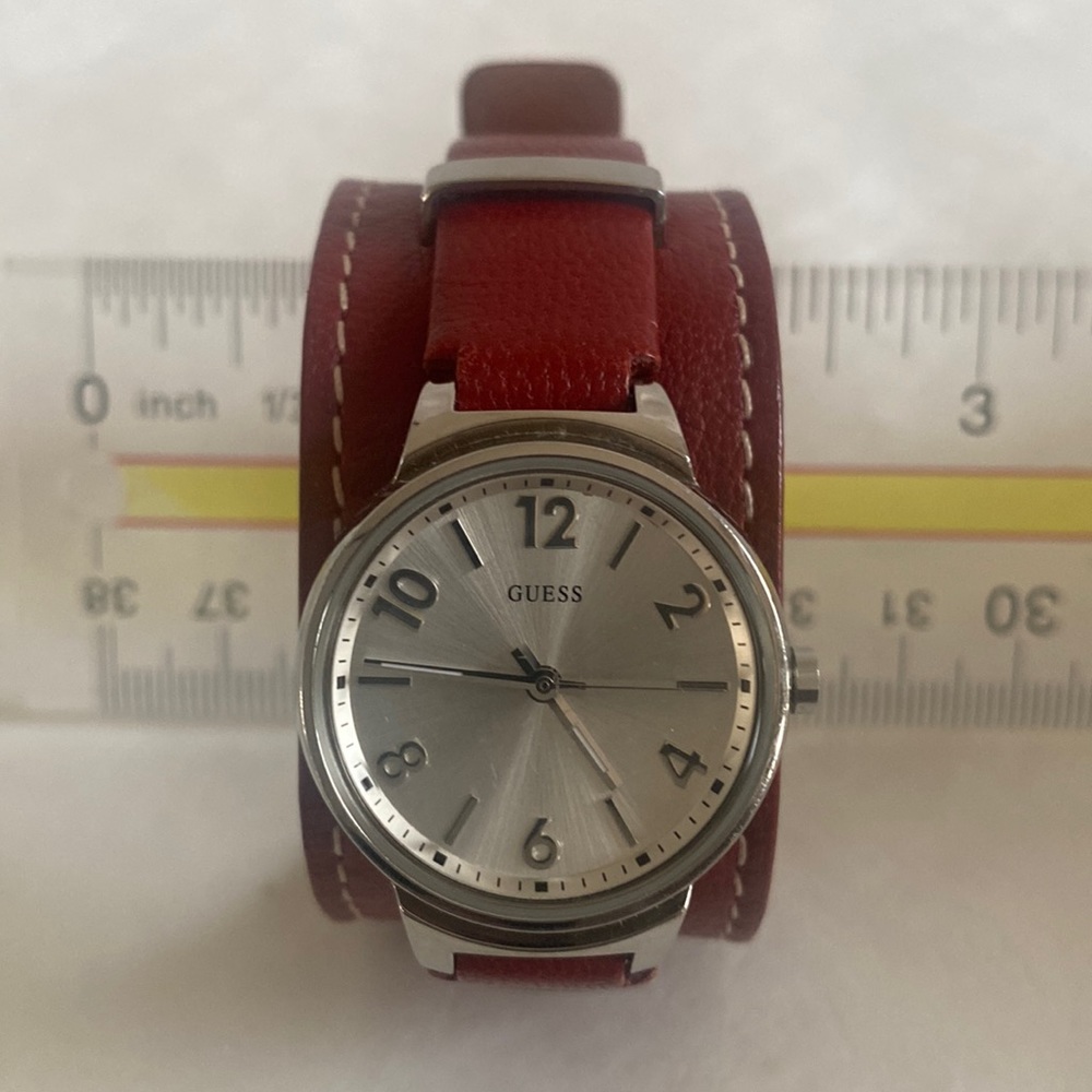 GUESS Red Leather Silver Tone Wrist Watch $130 New Strap